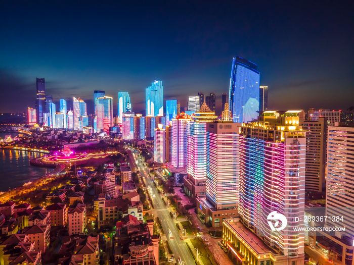 中国青岛现代城市建筑航拍夜景