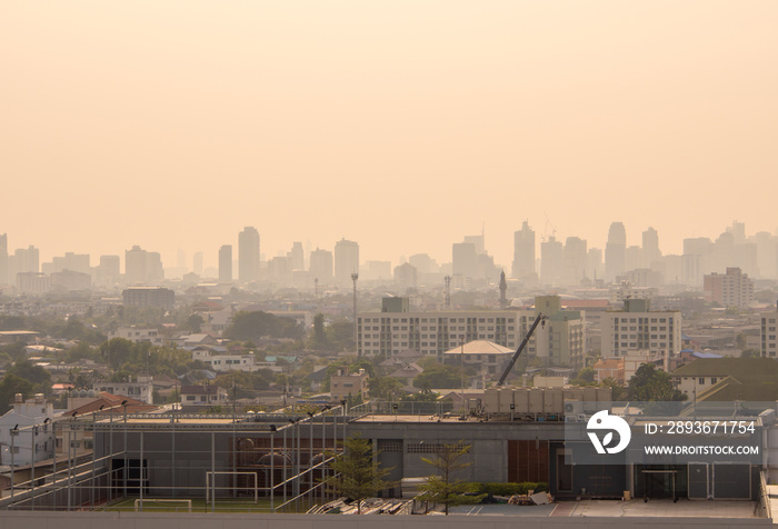 Cityscape urban skyline in the mist or smog. Wide and High view image of Bangkok city in the soft li