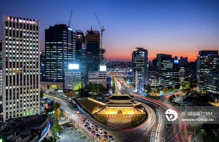 downtown city at night, Seoul South Korea.