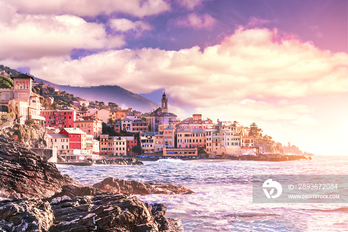 Scenic view of the Bogliasco at sunset - fishermens Village of the Ligurian Riviera