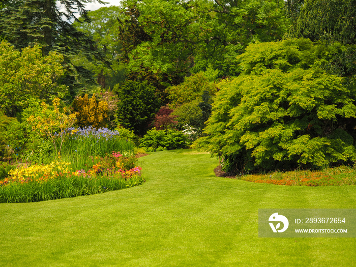 Beautiful English summer garden with a green lawn, flower beds and trees