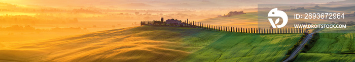 日出时的托斯卡纳景观。托斯卡纳地区典型的农舍、山丘、葡萄园。意大利