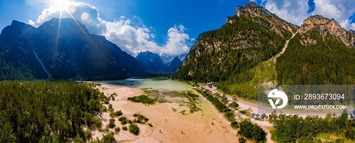 Mountain landscape in Dolomiten, Italy, near Cortina dAmpezzo. Dürrensee, Lago di Landro