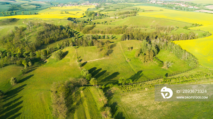 Beautiful aerial landscape in Moravia, Czech Republic. Sunrise over rolling hills in Moravia, aerial