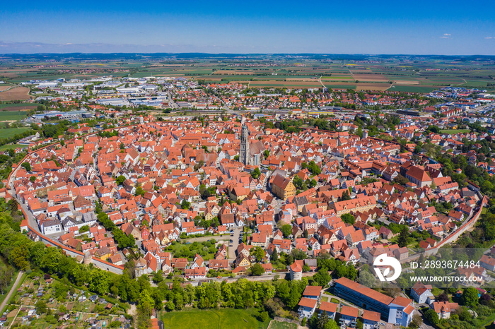 Aerial view of the city Nördlingen in Germany, Bavaria on a sunny spring day during the coronavirus 