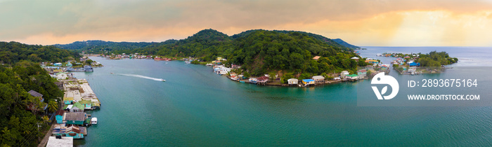 180 degree aerial panorama of Roatan at sunrise.