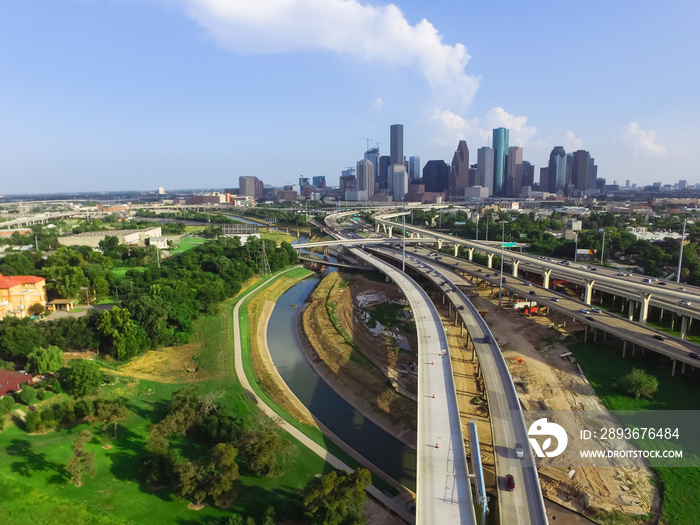 Aerial view downtown and interstate I45 highway with massive intersection, stack interchange, road j