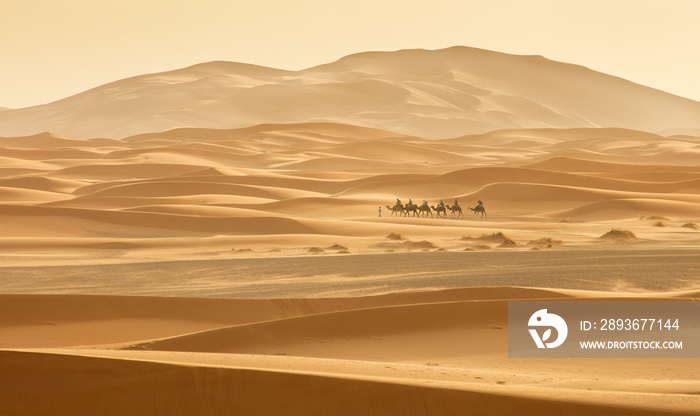 摩洛哥撒哈拉沙漠中的沙丘上的商队
