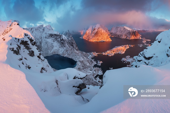 Sunset or sunrise panoramic view on stunning mountains in Lofoten islands, Norway, Mountain coast la