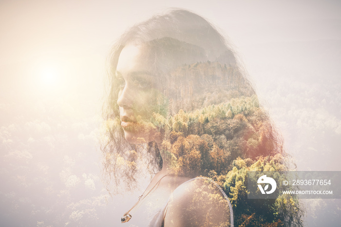 Portrait of a girl and woods, double exposure.