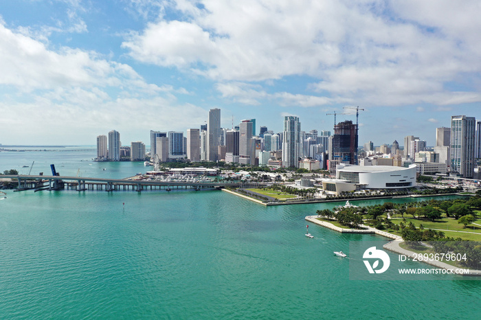 Aerial view of Biscayne Bay and City of Miami, Florida.