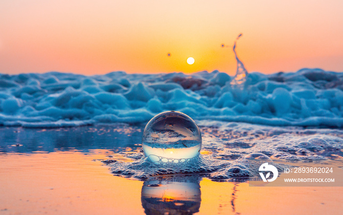 Ocean Beach Magical Glass Ball Reflecting On Ocean Beach Seashore Colorful Sunset