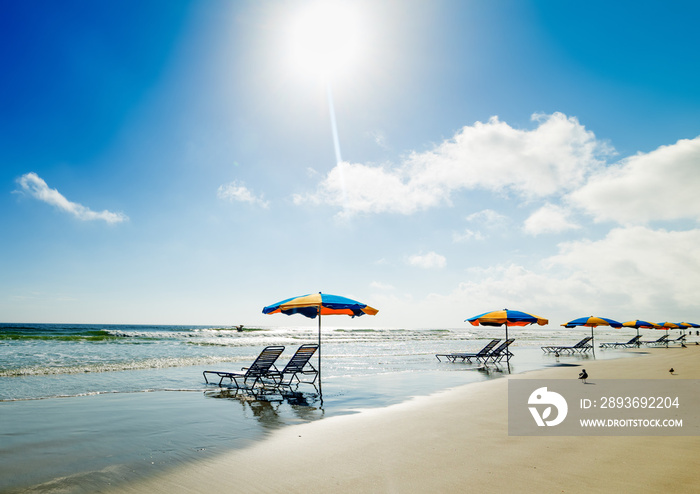 Beach chairs and parasols in Daytona Beach under a shining sun