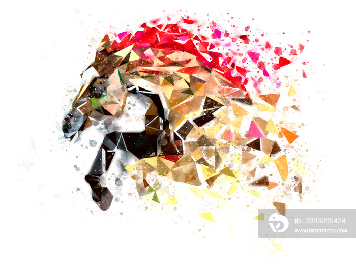 水彩滤镜中的马低多边形，多色马的行动力，活跃的马