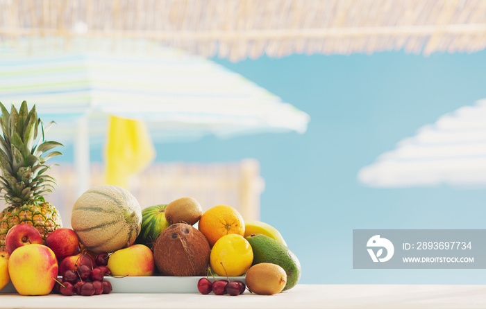 Kiosk with fresh delicious fruit at the beach