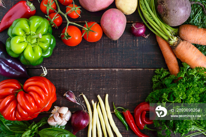 大量新鲜有机蔬菜，木质背景。秋收。健康饮食。食物保障