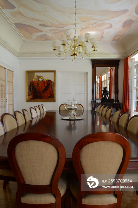 Wooden dining table in house