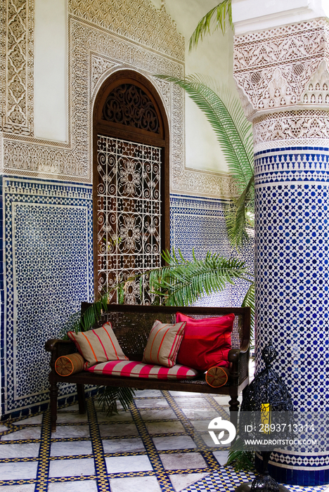 Sofa in the courtyard of hotel in Marrakech Morocco