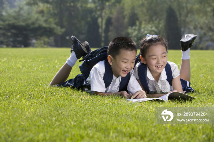 两个在草地上看书的小学生