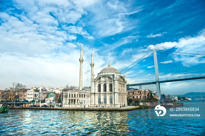 土耳其伊斯坦布尔，Ortakoy清真寺和博斯普鲁斯大桥。