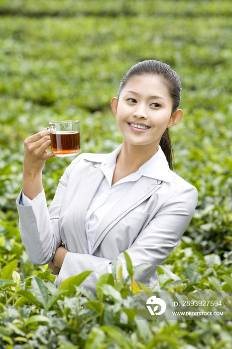 商务女士在茶园喝茶