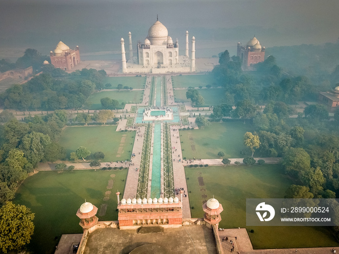 Aerial view of Taj Mahal in Agra India covered with morning fog