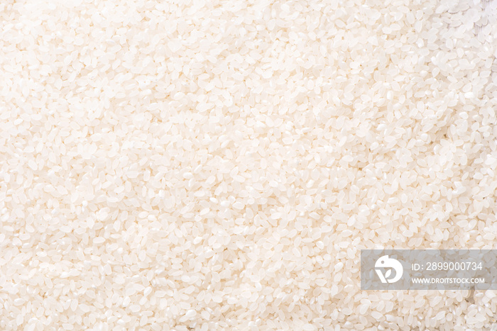 Raw white polished milled edible rice crop on white background in brown bowl, organic agriculture design concept. Staple food of Asia, close up.