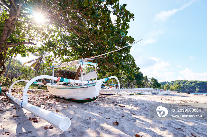 Beautiful landscape. Ocean beach and indonesian fishing boats.