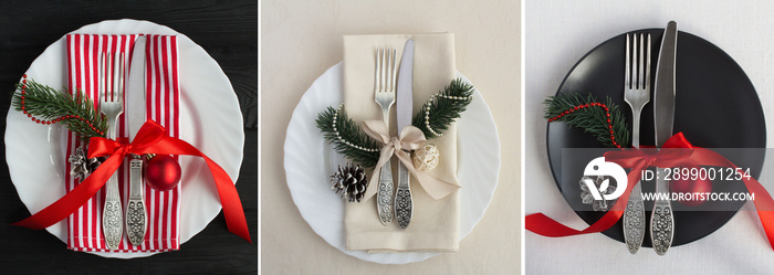 Collage of Christmas table setting. Top view. Close-up.