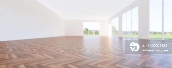 3d rendering of empty room and wood floor shiny reflection with clear glass door in perspective view, clean and new condition use to background.