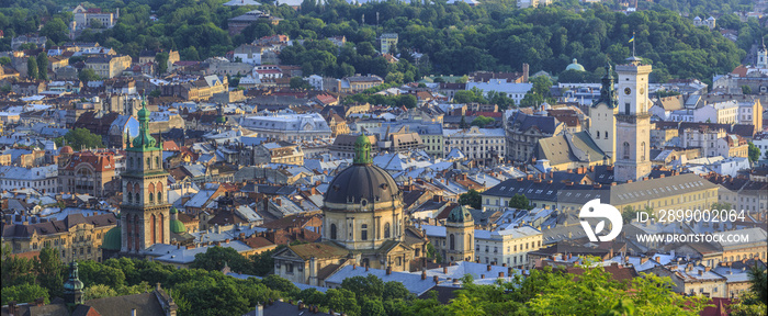 View of the city of Lviv from the High Castle Park at sunset