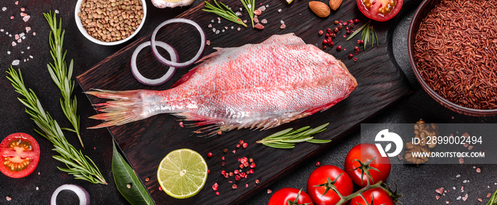 Raw fillet of red sea perch prepared for baking with spices and herbs