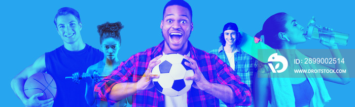 Athletic millennials posing on blue background, collage, panorama