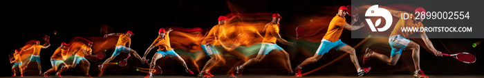 Man playing tennis on black background in mixed light. Collage made of different photos of 1 fit young male player in motion or action during sport game. Concept of movement, sport, healthy lifestyle.