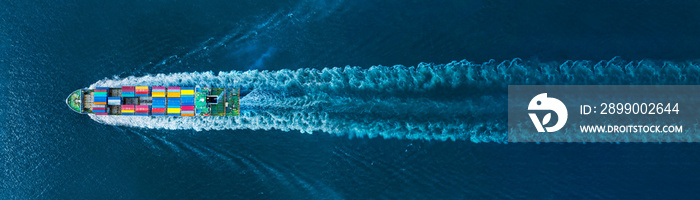 webinar banner, Aerial top view of cargo maritime ship with contrail in the ocean ship carrying container and running for export concept technology freight shipping by ship smart service forward mast