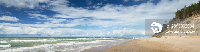 Sandy Baltic sea shore on a sunny day. Dramatic blue sky with lots of cumulus clouds. Waves, splashes, water surface texture. Dunes and pine forest in the background. Picturesque panoramic scenery