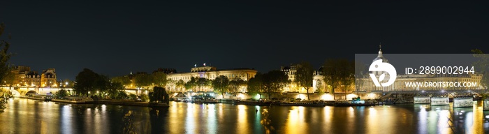 Paris evening riverside panorama overlooking Pont des Arts and Pont Neuf bridges