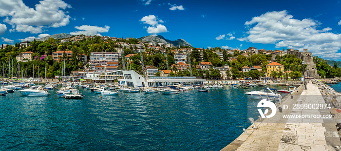 Panoramic view of the marina and town of Herceg Novi, Montenegro