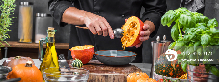 chef chopping pumpkins for pumpkin soup