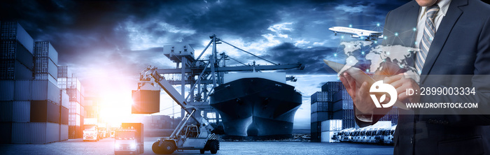 Multiple exposures of Businessman touching tablet for analyze stock at logistics port and world map with logistic network distribution on background, transportation trading business concept,