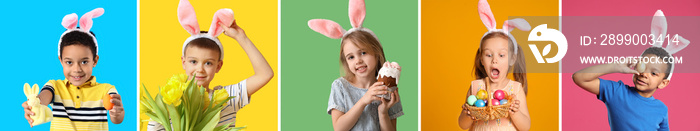 Surprised little girl with basket of Easter eggs and bunny ears on color background