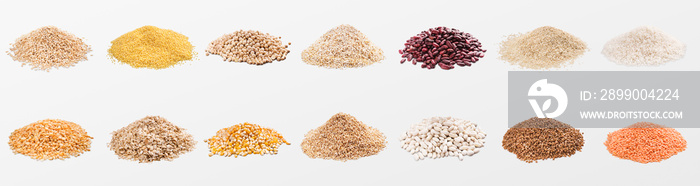 Heaps of various grains and cereals on white background