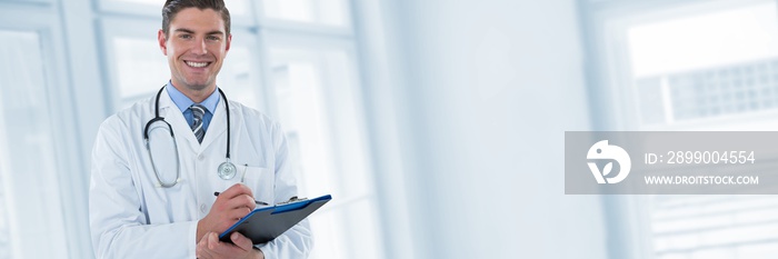 Composite image of portrait smiling doctor writing on clipboard