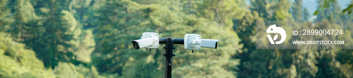 security cameras in garden on trees background