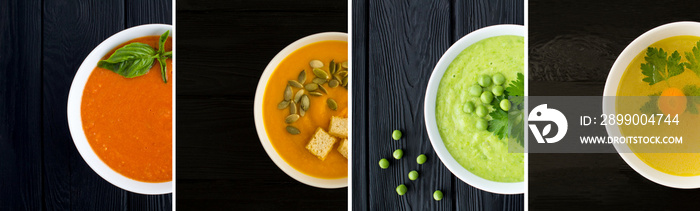 Food collage. Different soups in the white bowl on the black background. Top view. Copy space.