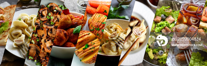 Varied food collage. A varied menu, fish and meat, vegetable.