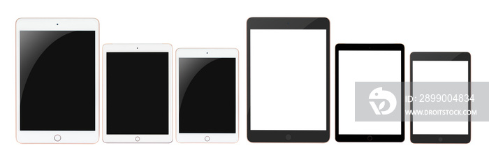 Set White tablet new model blank screen on white background.Modern technology concept