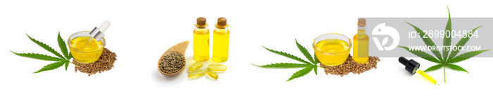 Cannabis oil set on white background,  Collage with hemp oil on white background, banner design.