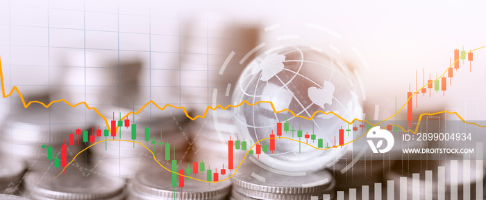 Coins stack and financial stock market graph, Savings money and investment for business concept, Digital economy and economic exchange.