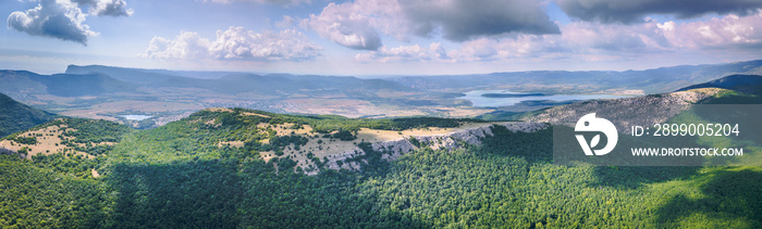 360 panorama aerial view of valley with lake among mountains in summer